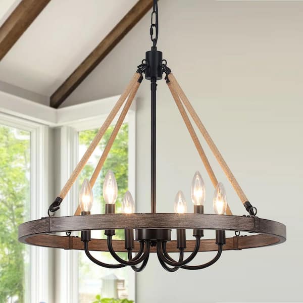 6-Light 24 in. Imitation Wood Grain Rustic Farmhouse Hemp Rope Candle Style Wagon Wheel Chandelier for Dining Room Foyer