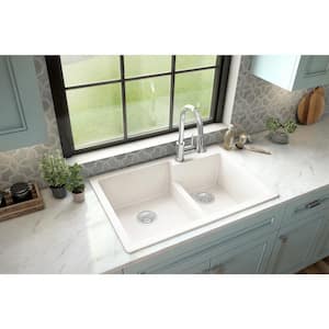 QT-811 Quartz/Granite 33 in. Double Bowl 60/40 Top Mount Drop-in Kitchen Sink in White with Bottom Grid and Strainer