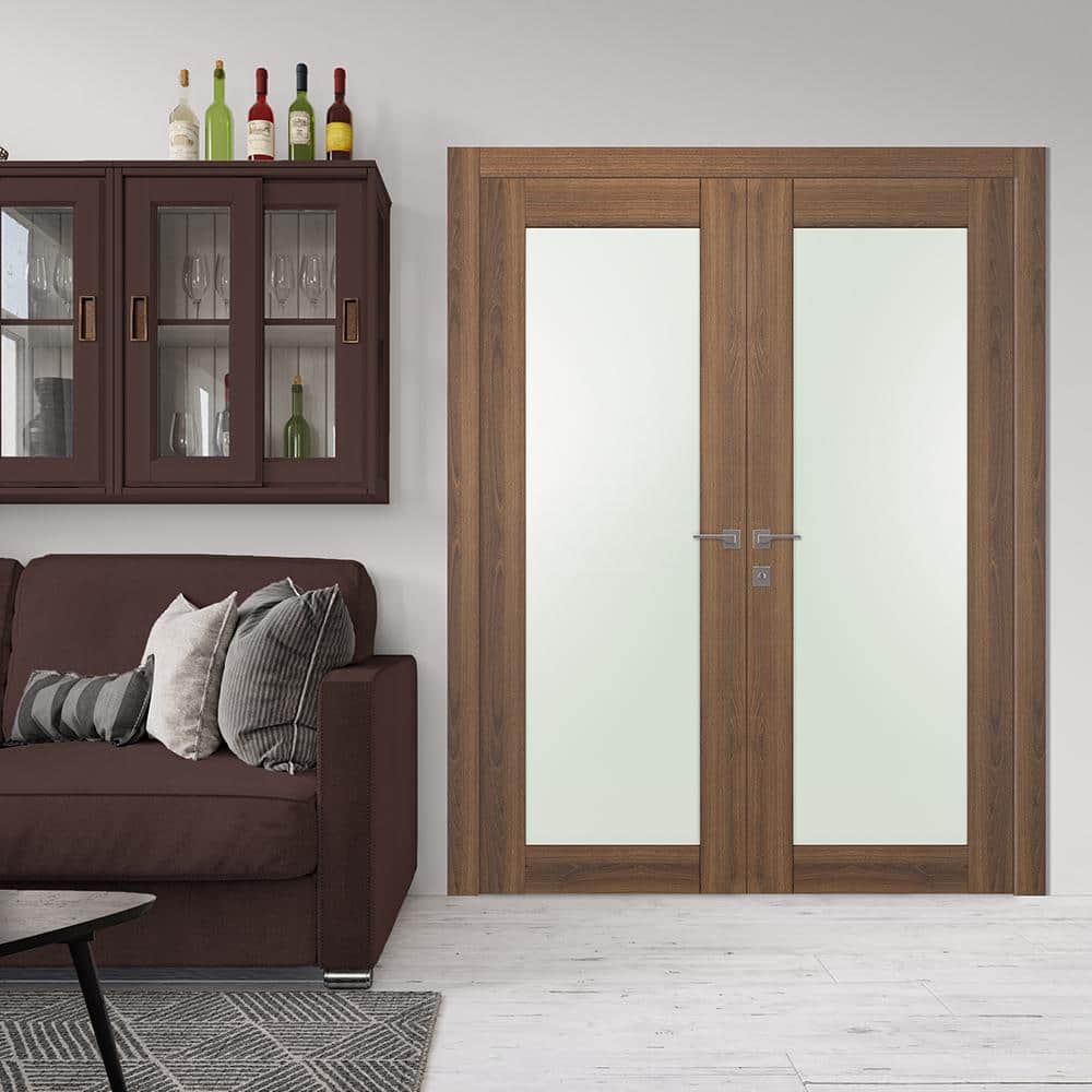 Vona 56" x 96" Brown Veralinga Oak Composite Prehung French Door with Frosted Glass
