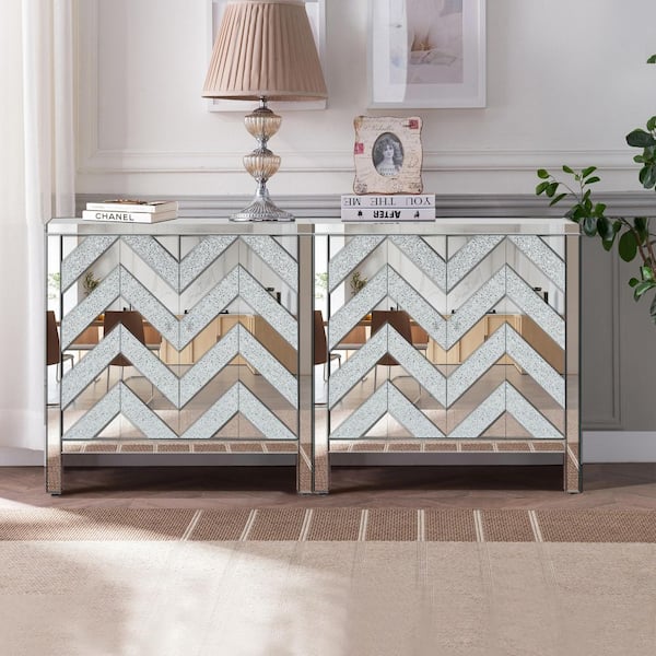 Diamond Silver 32.5 in. Accent Cabinet Office Storage Cabinet W/ 2 Shelves & Mirror Trim, M-Shape Design & Glass Effect