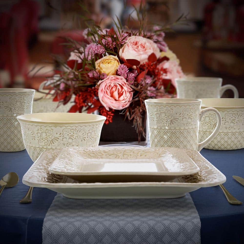 Ivory Floral Ceramic Square Dinnerware Set, Service for 4