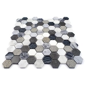 Drumlin Oxford Gray Hexagon 11.25 in. x 10.87 in. Honed Marble and Glass Mosaic Tile