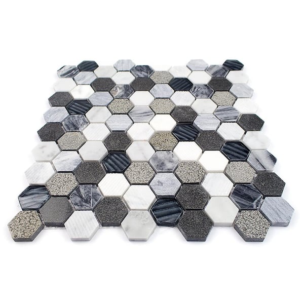 Splashback Tile Drumlin Oxford Gray Hexagon 11.25 in. x 10.87 in. Honed Marble and Glass Mosaic Tile