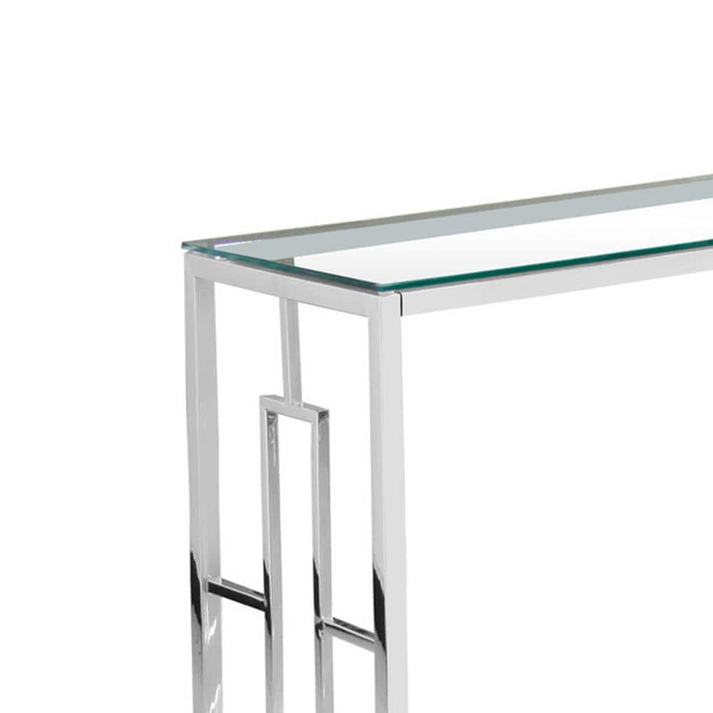 Silver Stainless Steel and Glass Console Table with Clear Top