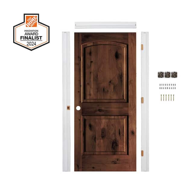 DIY 32 in. x 80 in. Arch Top Knotted Wood Right-Hand Red Mahogany Stain Single Interior Door Kit w/ Quick Assemble Jamb