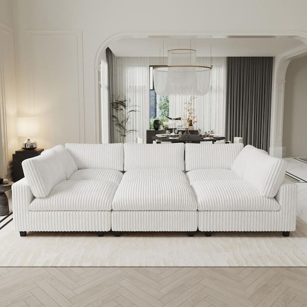 118 in. Modular Beige Plush Velvet Cal King Size 5-Seat Convertible Sleeper Sofa Bed with Ottoman and Washable Covers
