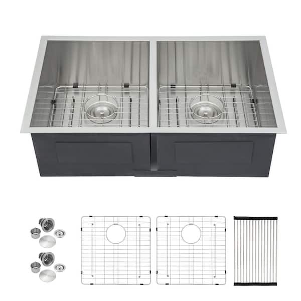 33 in. Undermount 50/50 Double Bowl 18-Gauge Brushed Nickel Stainless Steel Kitchen Sink with Bottom Grid and Strainer