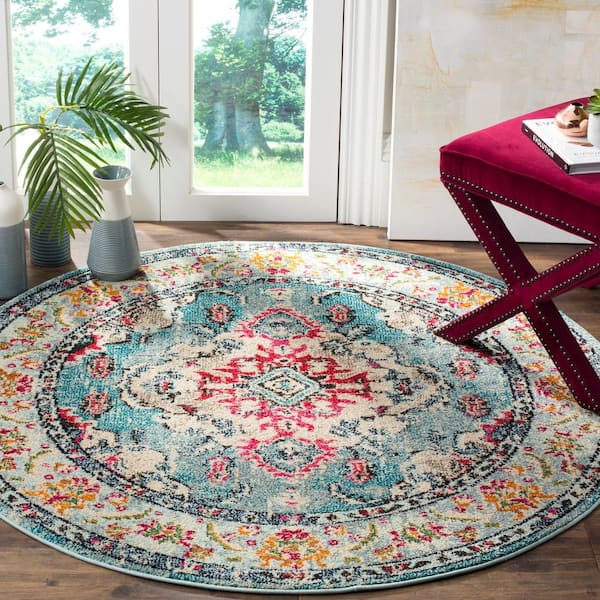 Monaco Doormat 3 ft. x 3 ft. Light Blue/Fuchsia Round Border Area Rug