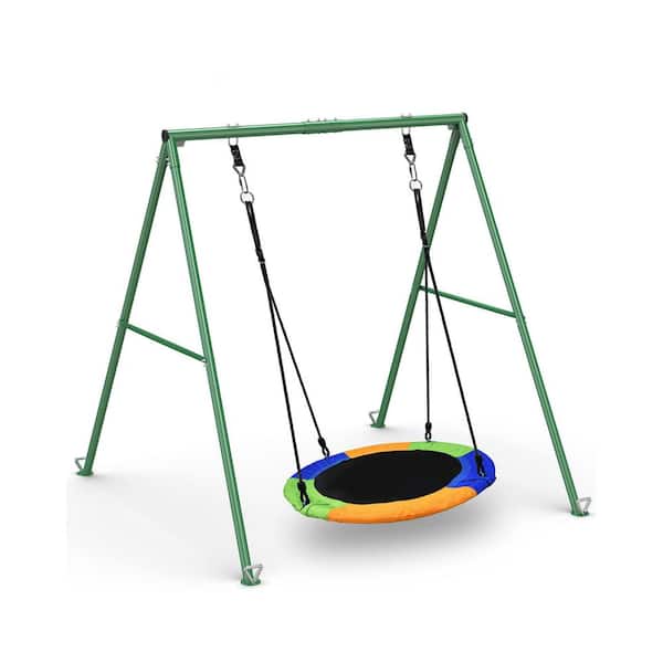 Green Flying Saucer Swing with Heavy Duty A-Frame Metal Stand, Full Steel, Outdoor for Kids, Backyard, Playground