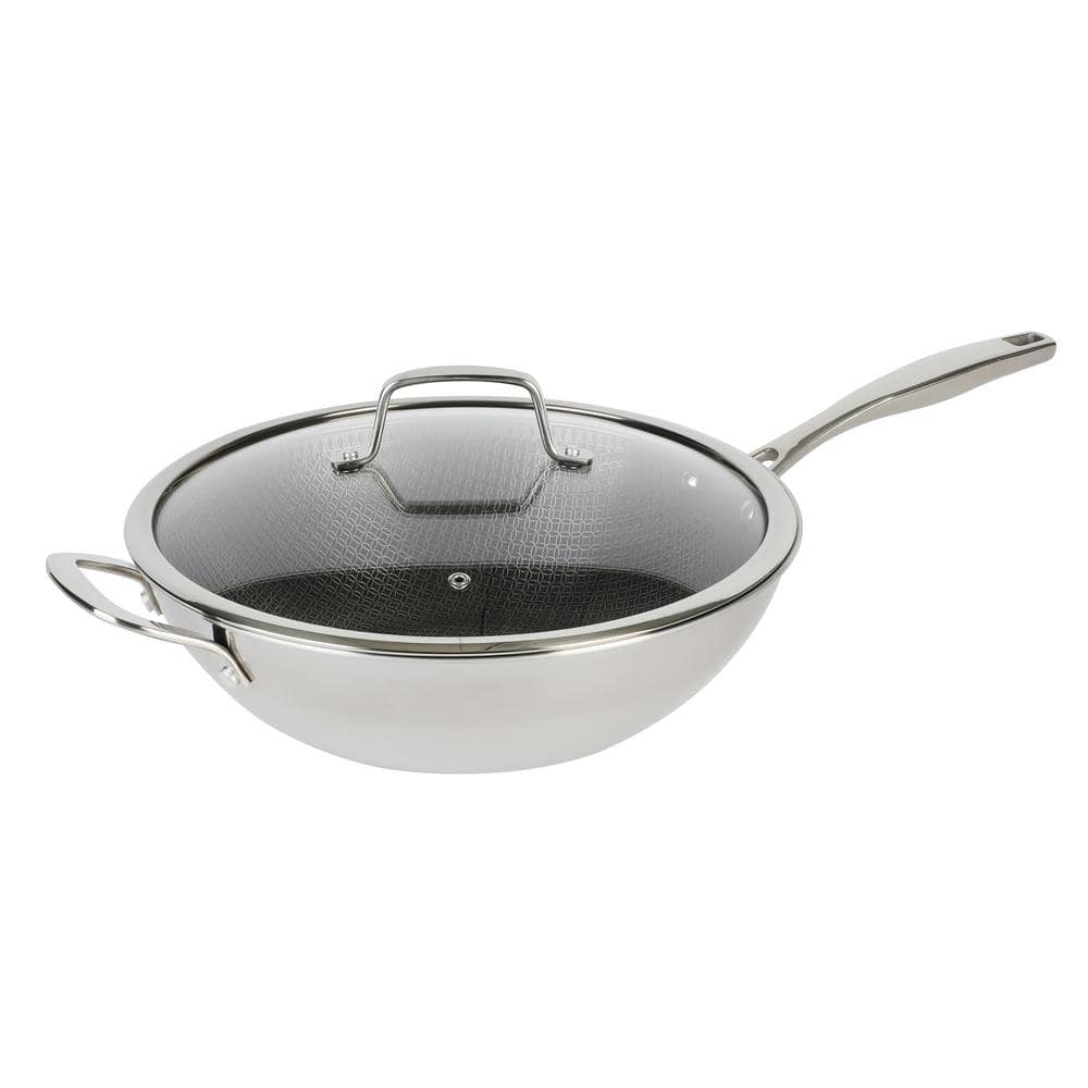 KENMORE ELITE Luke 12 in. Non-Stick Tri-Ply Stainless Steel Wok with Glass Lid