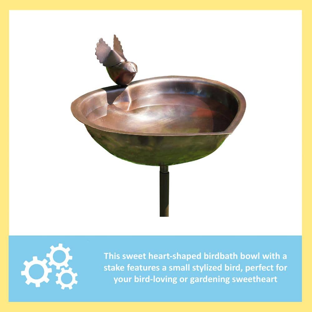 Antique Copper Heart Shaped Birdbath with Metal Stake