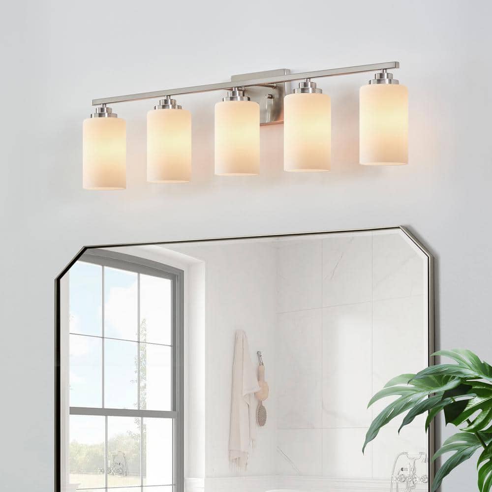 Brushed Nickel 5-Light Vanity Fixture with Frosted Glass Shades