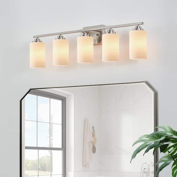 35 in. 5-Light Brushed Nickel Vanity Light with Frosted Glass Shade