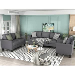 80 in. Square Arm Polyester Modern Straight 3 Piece Sofa Set in Gray