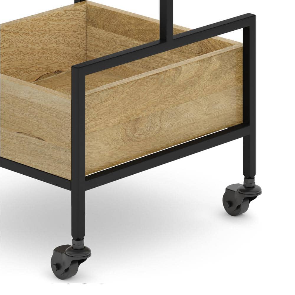 Natural Mango Wood and Black Metal Industrial Bar Cart with Storage