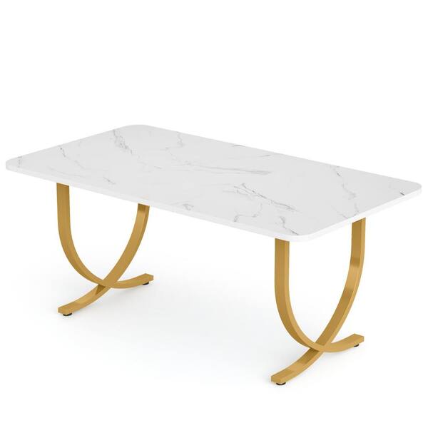 TRIBESIGNS WAY TO ORIGIN Halseey Modern White Wood 63 in. Trestle Dining Table Seats 4 to 6 with Faux Marble Table Top and Metal Legs