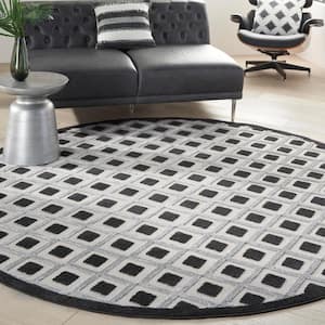 Aloha Black White 8 ft. x 8 ft. Round Geometric Contemporary Indoor/Outdoor Patio Area Rug