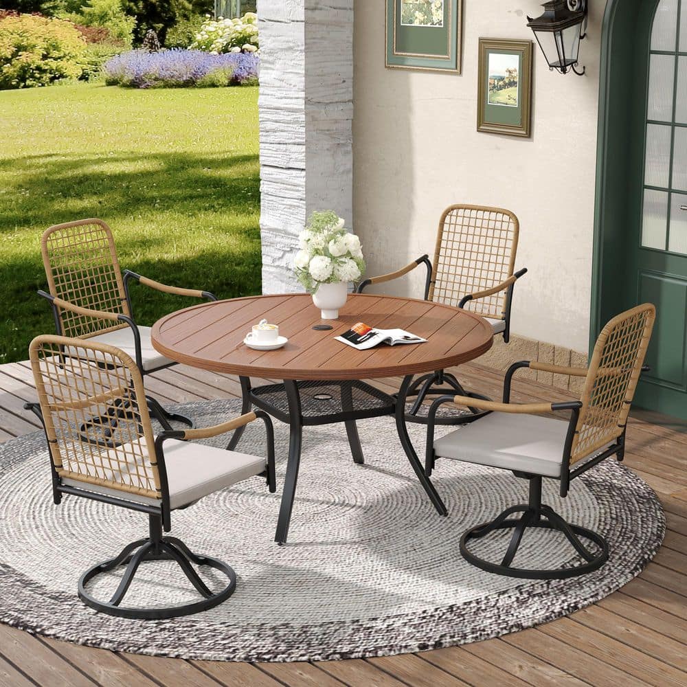 5-Piece Metal Outdoor Dining Set with 47.2 in. Walnut Round Table and 4 Swivel Wicker Chairs with Beige Cushions price history on PriceWatchPro