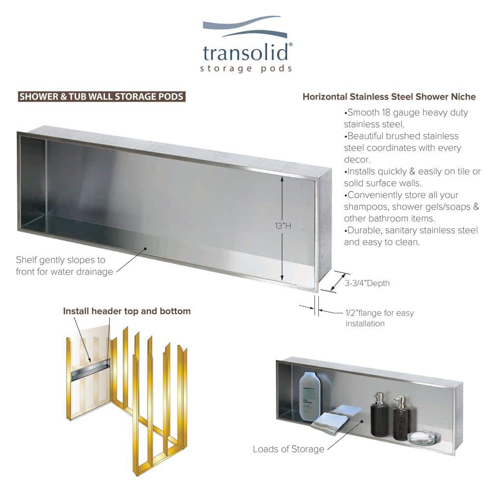 Brushed Stainless Steel 14-Inch Recessed Shower Storage Pod