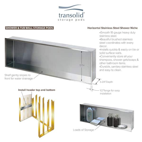 Transolid Sth4614 46.5-in. Recessed Stainless Steel Shower Storage Pod