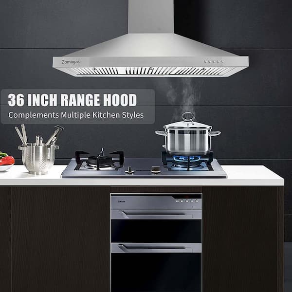 Tieasy Island Range Hood 36 inch 700 CFM Ceiling Mount Kitchen Stove Hood Ducted with Tempered Glass 4 LED Lights Touch Control 3 Speed