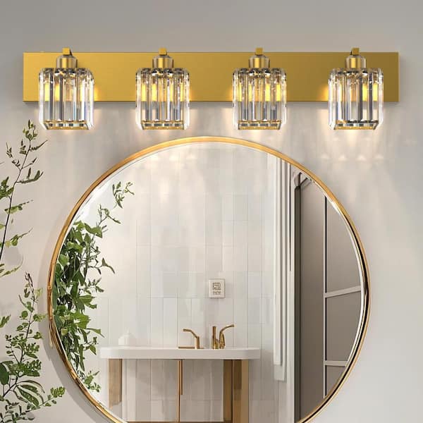 32 in. 4-Light Modern Crystal Bathroom Vanity Light Fixture, Gold Finish with Clear Glass Shades