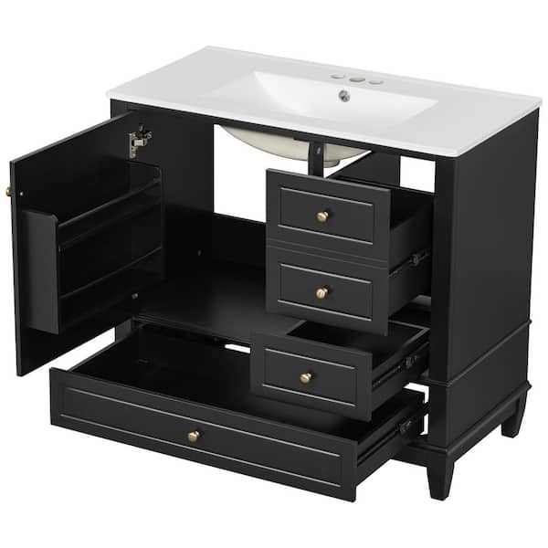 36 in. Single Sink Freestanding Black Bath Vanity with White Ceramic Top, 3 Drawers, Soft Close Doors, Unassembled