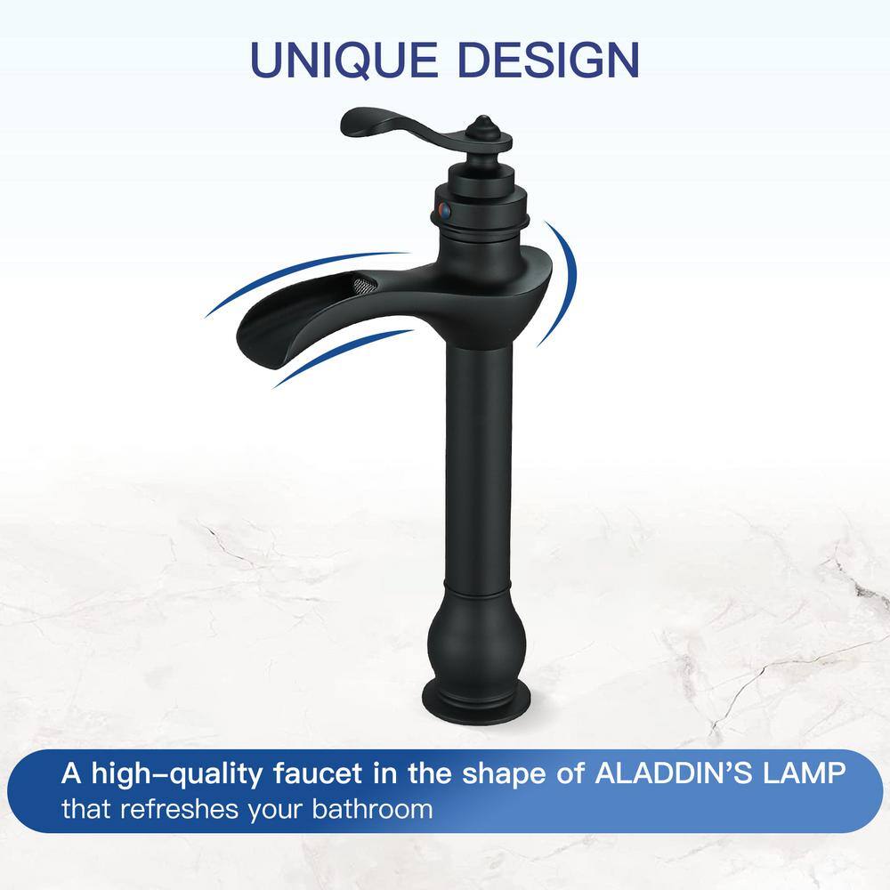 Matte Black Tall Vessel Sink Faucet with Waterfall Spout and Drain Assembly