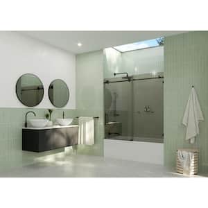 Equinox 56 in. - 60 in. W x 60 in. H Frameless Tinted Sliding Bathtub Door in Matte Black with Clear Glass