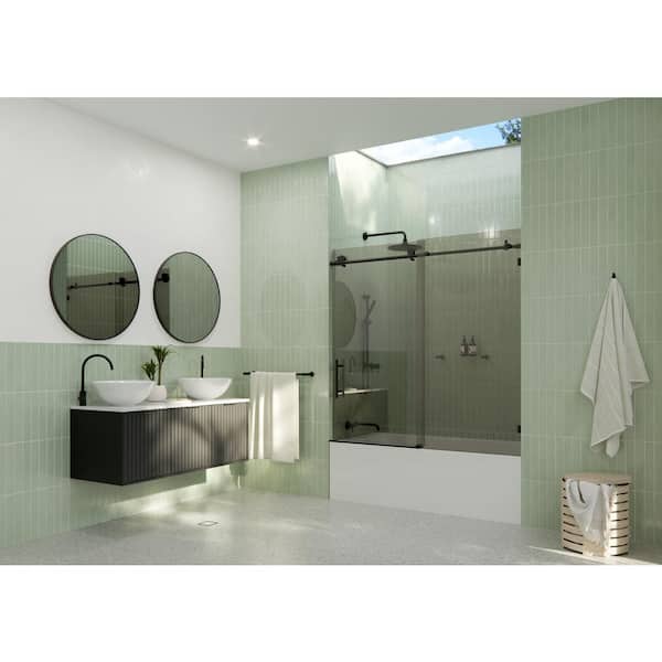 Glass Warehouse Equinox 56 in. - 60 in. W x 60 in. H Frameless Tinted Sliding Bathtub Door in Matte Black with Clear Glass