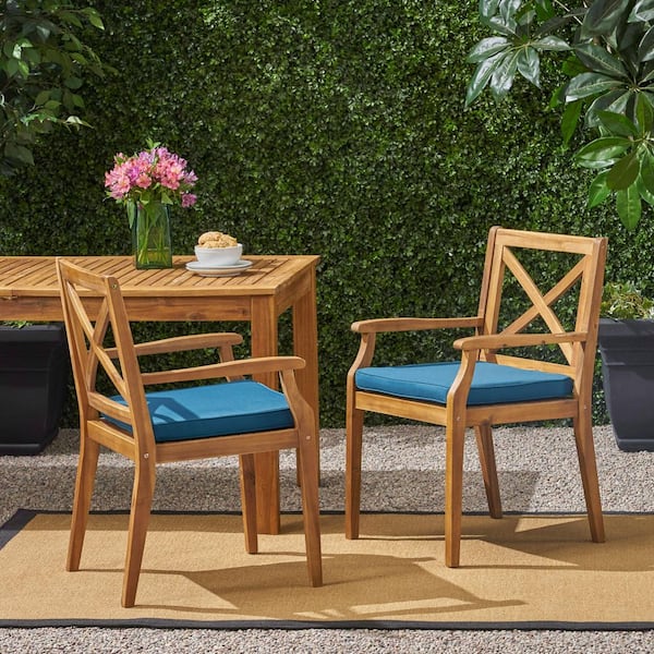 Tenleaf Teak Acacia Wood Outdoor Dining Chair with Blue Cushion (2-Pack)