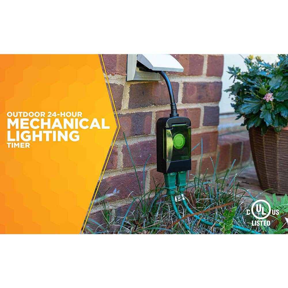 Black Outdoor Mechanical Timer with 2 Grounded Outlets