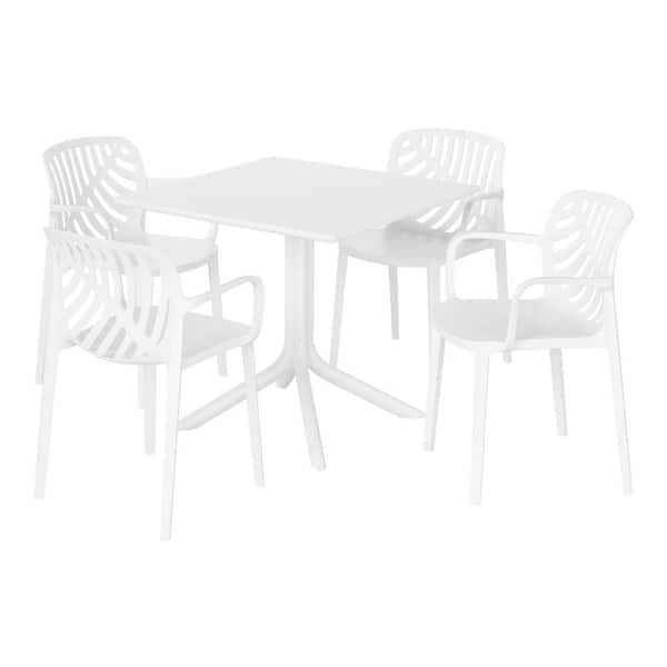 WESTIN OUTDOOR Frond and Form White Plastic All Weather 5-Piece Square Table Modern Outdoor Patio Dining Set w/ 4 Stackable Chairs