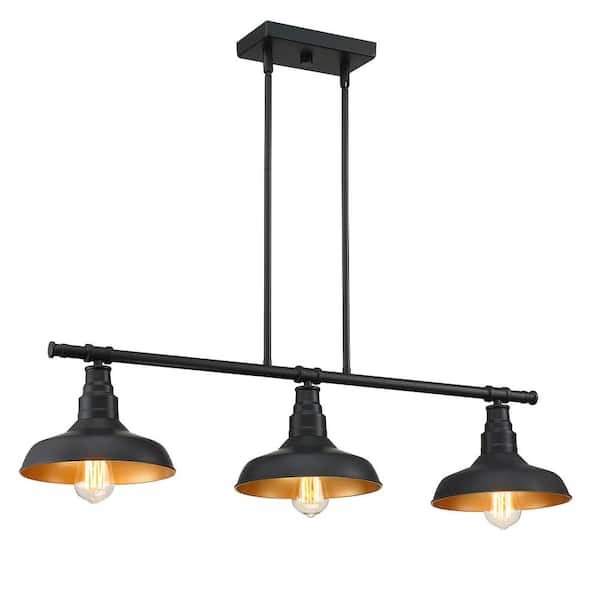 Hukoro 36.64 in. 3-Light Island Pendant Chandelier with Matte Black and Gold Painting Inside