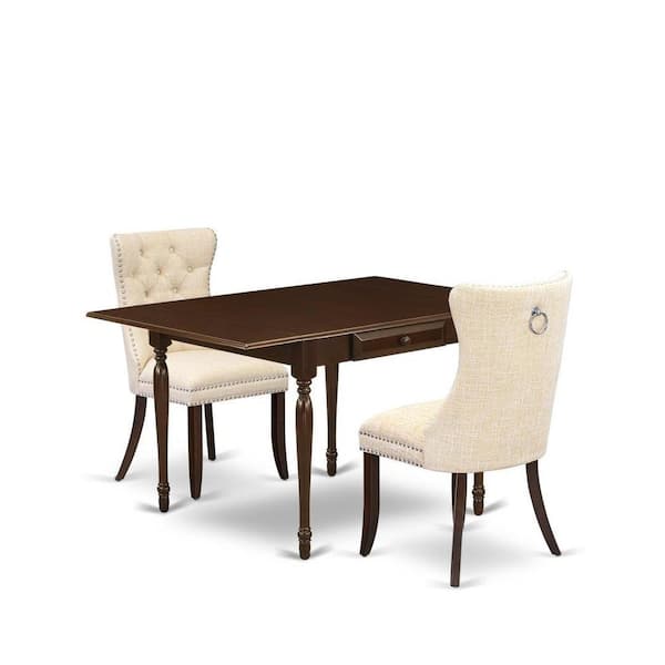 East West Furniture 3-Piece Mahogany Finish Rectangular Solid Wood Top with Dropleaf Dining Table Set