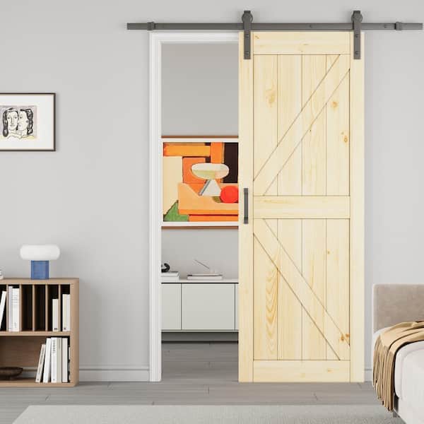 ARK DESIGN 30 in. x 84 in. Paneled K-Shape Soft Close Solid Pine Wood Unfished Barn Door Slab with Installation Hardware Kit