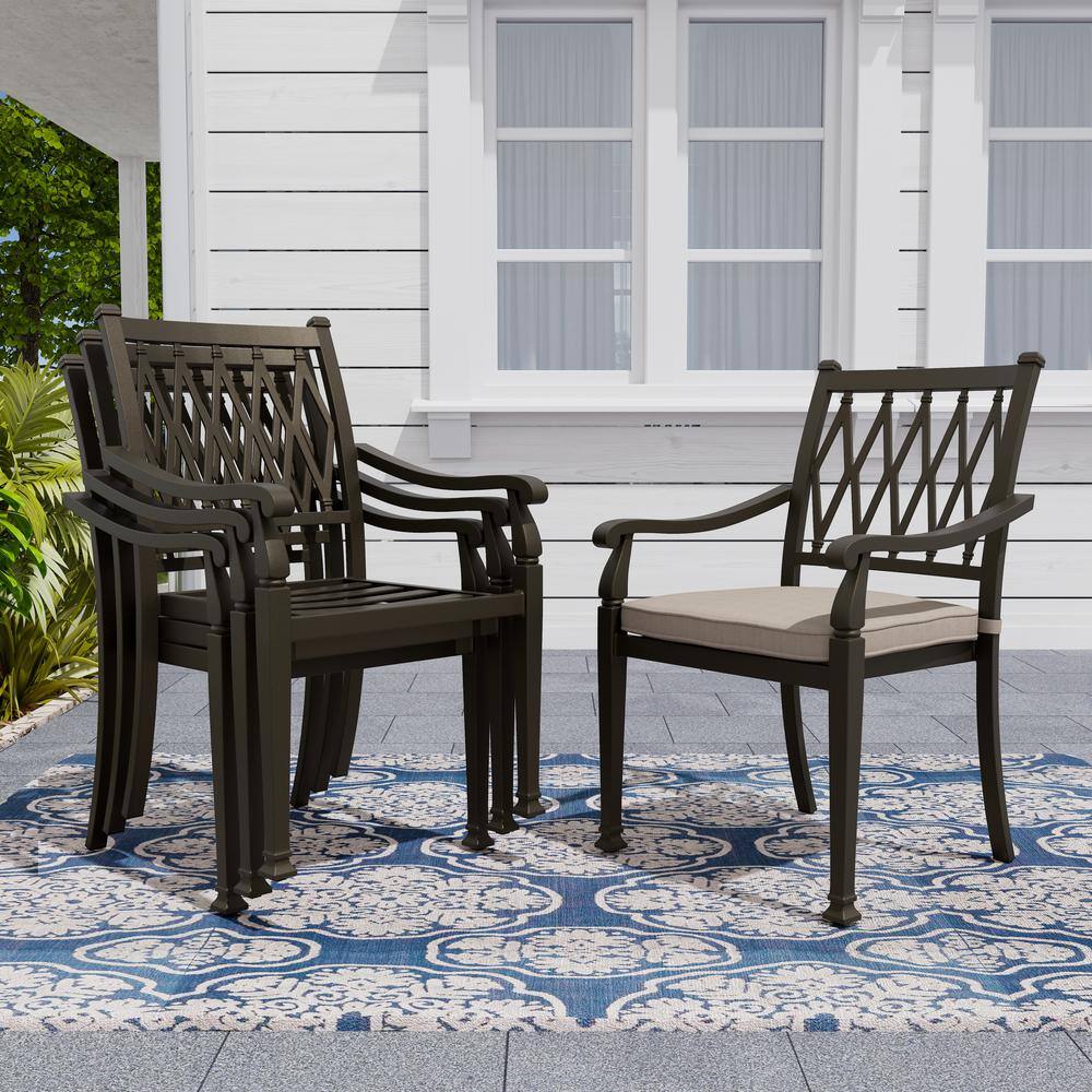 Beige Cushioned Cast Aluminum Outdoor Dining Chairs, Set of 4