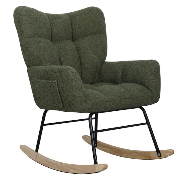 Runesay 27.1 in. W Black Metal Outdoor Rocking Chair with Olive Green Cushions