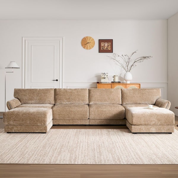 142 in. Extra-Wide Chenille L-Shape Modular Sectional Sofa in Khaki with USB and Type-C Charger Free Movement Ottoman