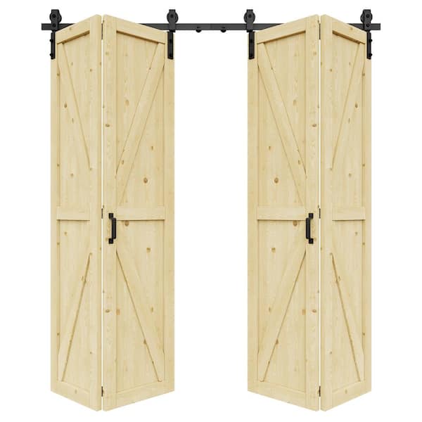 72 in. x 84 in. Paneled Pine Wood Solid Core Unfinished K Shape Composite Bi-fold Door with Bifold Barn Door Hardware