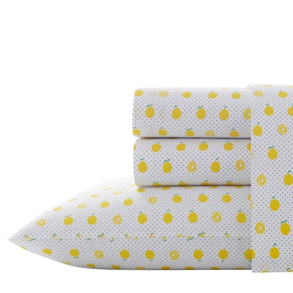 Poppy & Fritz Lemons 4-Piece Yellow Graphic 200-Thread Count Cotton Percale Queen Sheet Set