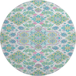 Mayfield Premium Machine Washable Abstract AMF1853 White 8 ft. x 8 ft. Round Rug
