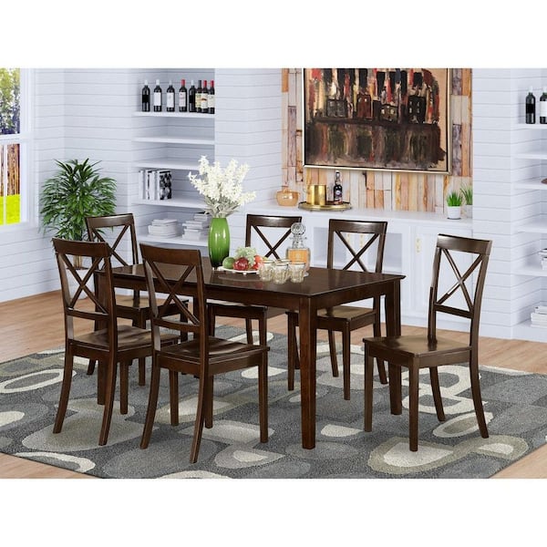 7-Piece Rectangle Cappuccino Finish Solid Wood Top Dining Table with 6 Cross-Back Wood Seat Dining Chairs, Seats 6