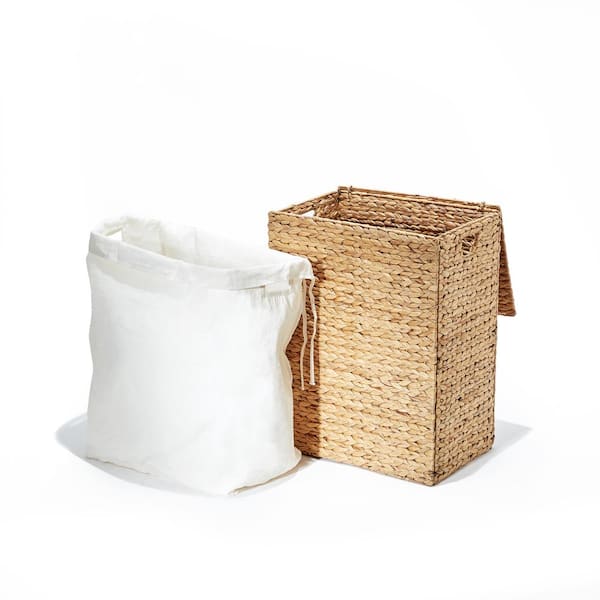 Seville Classics Lidded Foldable Water Hyacinth Portable Rectangular Laundry Hamper Basket with Washable Liner