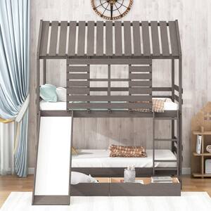 Antique Gray Twin House Bunk Bed with Convertible Slide and 2-Drawers Twin Over Twin Wood Kids Bunk Bed Frame