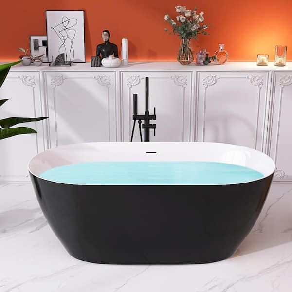Getpro 59 in. x 30 in. Acrylic Freestanding Bathtub Flatbottom Soaking Tub with Center Drain Free Standing Tub in Black/White