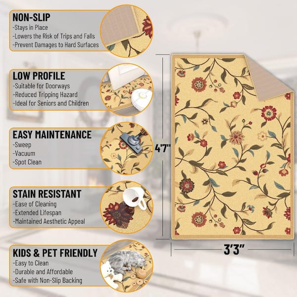 Ottohome Collection Non-Slip Rubberback Floral Leaves 3 x 5 Indoor Area Rug, 3 ft. 3 in. x 4 ft. 7 in., Beige