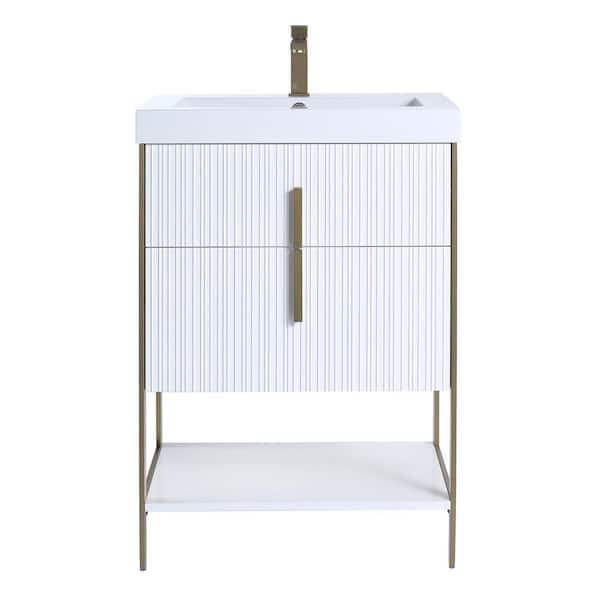 FINE FIXTURES 24 in. W x 18 in. D x 33.5 in. H Bath Vanity in White with Gel Coated Acrylic Top in Black with Satin Brass Hardware
