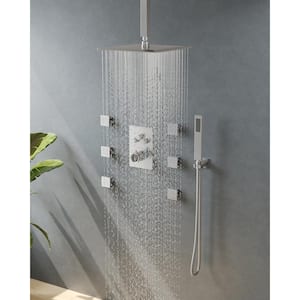 Luxury 7-Spray Patterns Thermostatic 12 in. Ceiling Mount Rainfall Dual Shower Heads with 6-Jet in Brushed Nickel