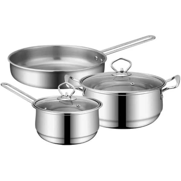 3pcs Set Stainless Steel Cookware Kit Flat Bottom Frying Pan Soup Pot Milk Pot Induction Gas Electric Safe Easy Clean